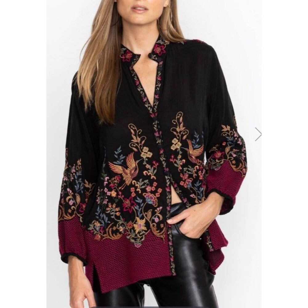 Johnny Was Eleana Blouse L Black Crane Floral Embroidered Boho Tunic Romantic